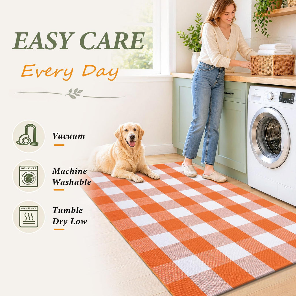 Orange and White Buffalo Plaid Rug 3x5, Indoor Outdoor Rug