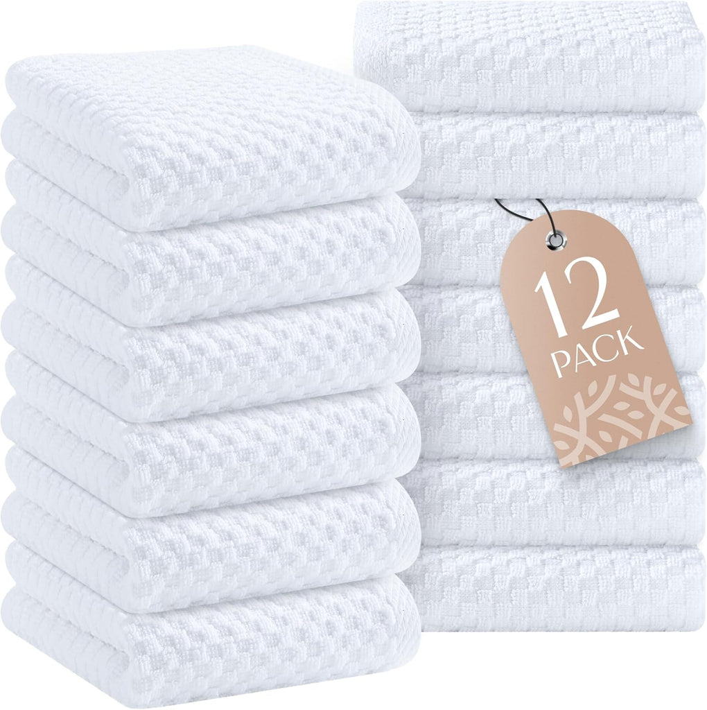 Super Absorbent Kitchen Towels 12 Pack - Premium 100% Cotton Kitchen Towels, 450GSM Thick Machine Washable White Dish