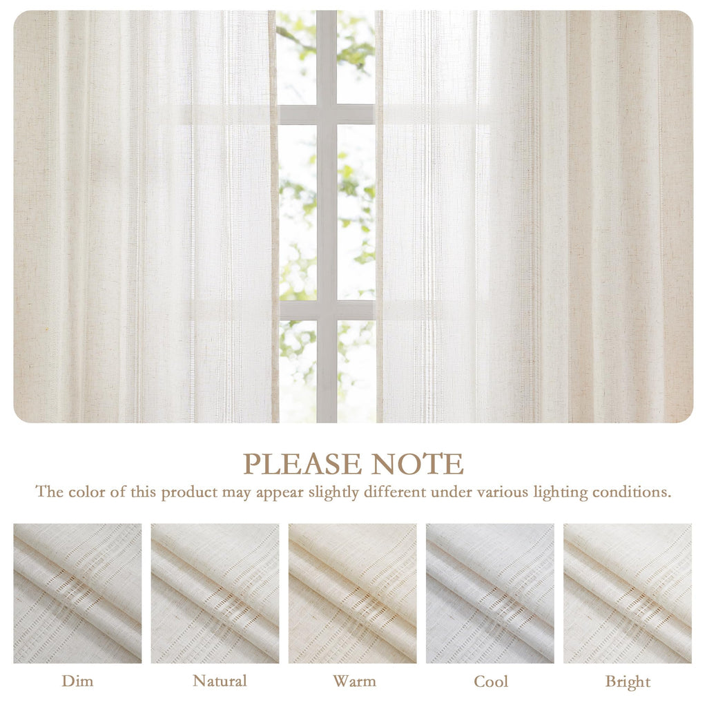 Natural Linen Boho Curtains 84 Inches Long Light Filtering Semi Sheer Privacy Drapes, Farmhouse Rustic Hollowed-Out