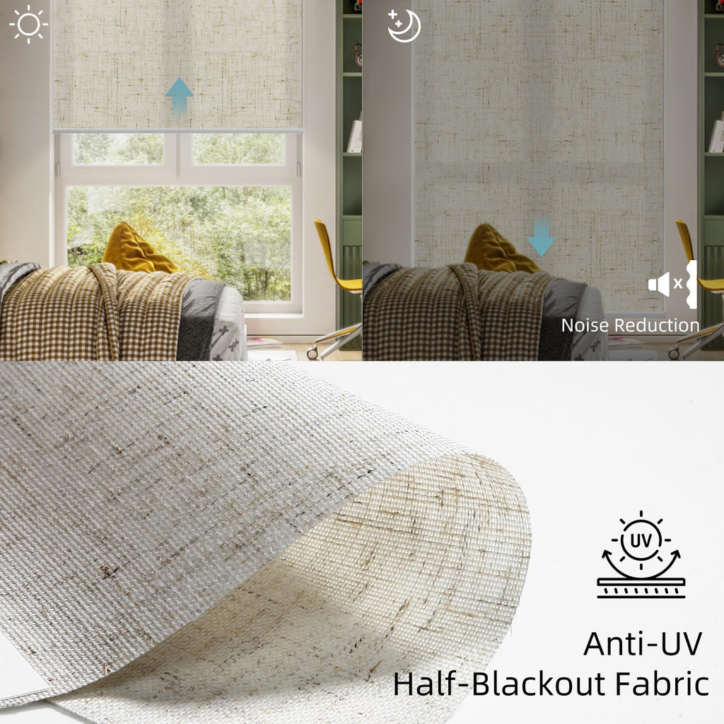 Motorized Light Filtering Roller Shades 70% Blackout Linen Sand