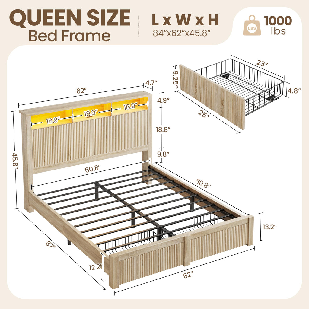 Queen Size Bed Frame with Headboard & 2 Storage Drawers, Wood