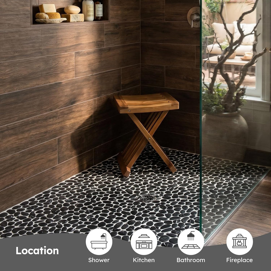 Pebble Tile for Shower Floor, Black Marble Veins Oval,Pebble Backsplash Bathroom Wall and Floor Tile