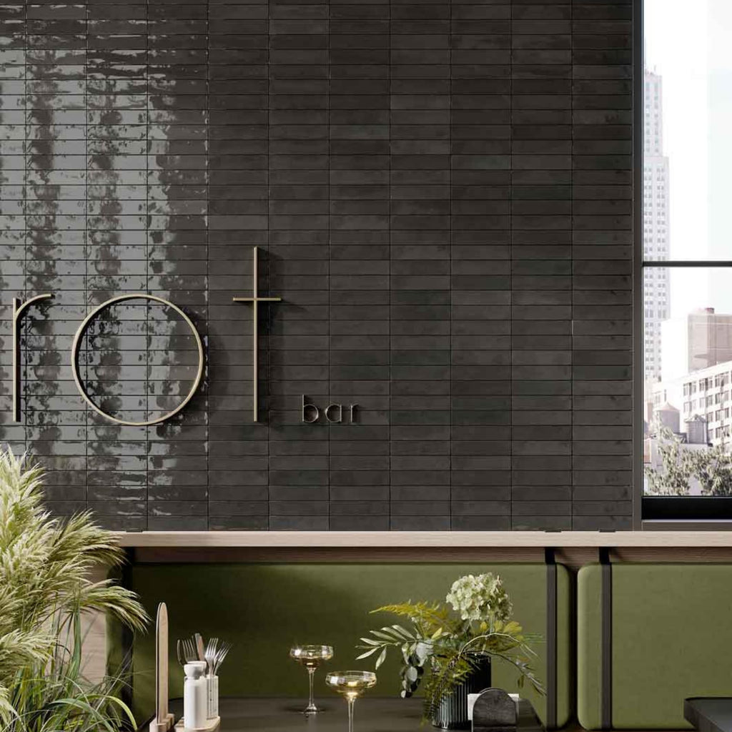 Black Glossy Porcelain Subway Zellige Look Tile - 2"x8" Wall and Floor, Backsplash, Shower,Fireplace Accent