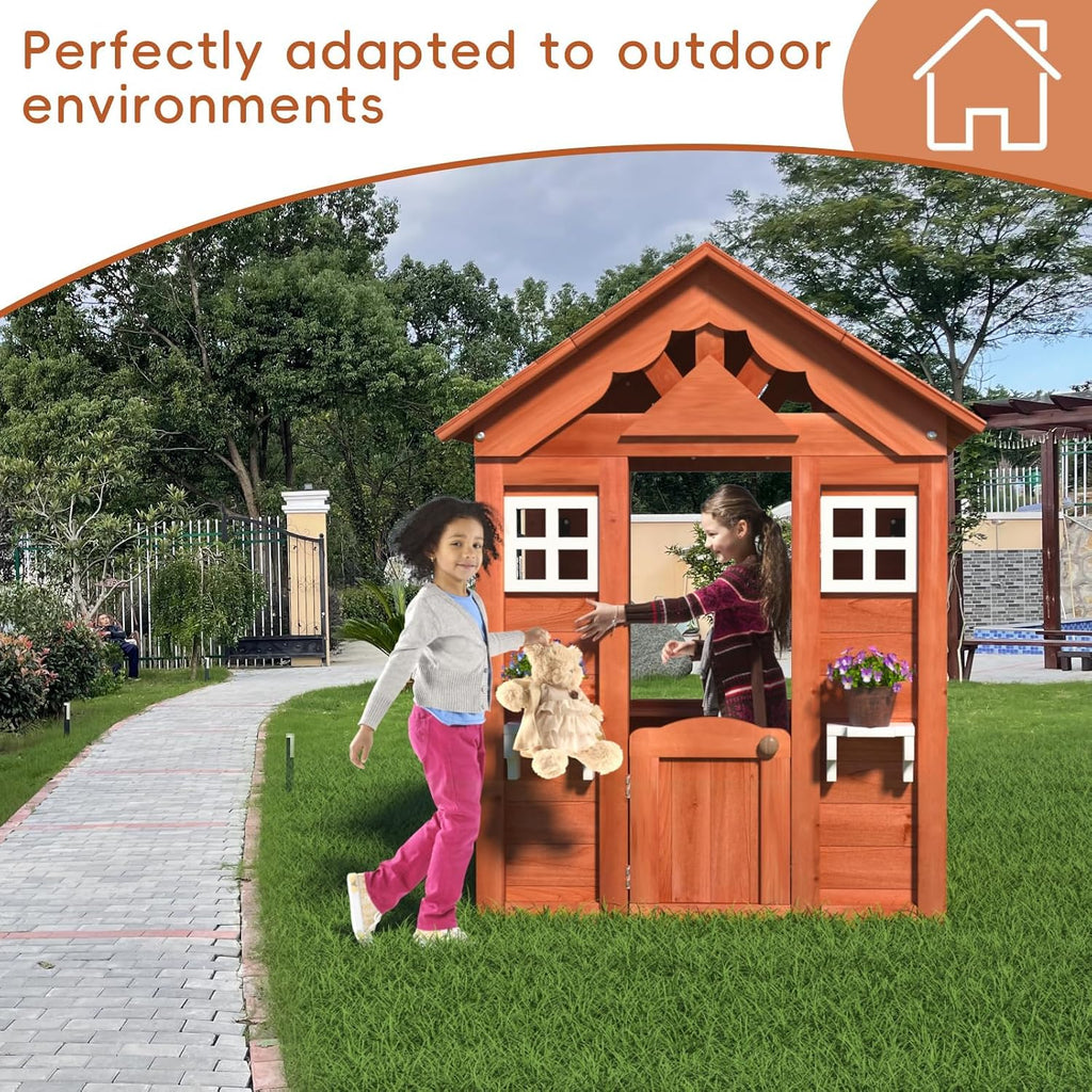 Kids Outdoor Playhouse with Door & 2 Windows - Wooden Backyard Play House for Ages 3-8 - 42"L x 46"W x 55"H - Easy