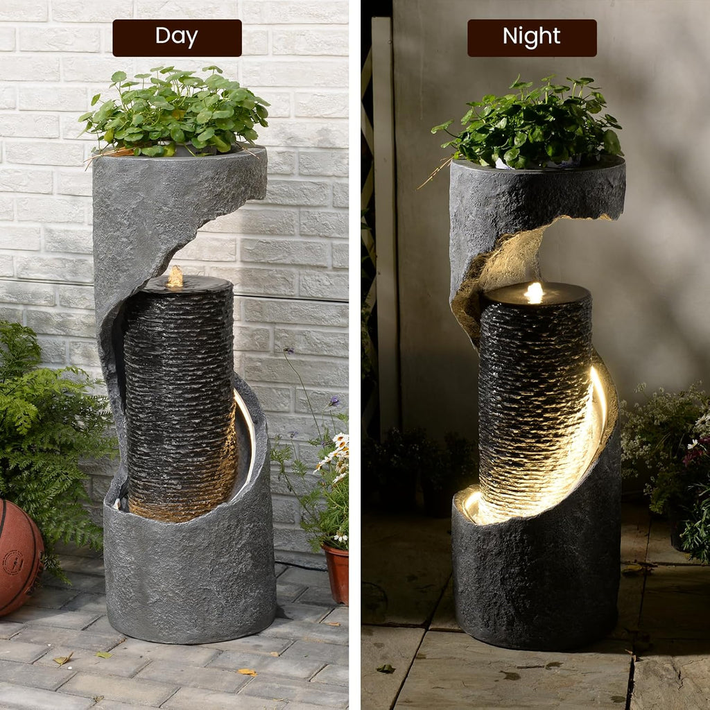 35.5" H Water Fountain with Planter, Modern Spiral Waterfall for Outdoor and Indoor
