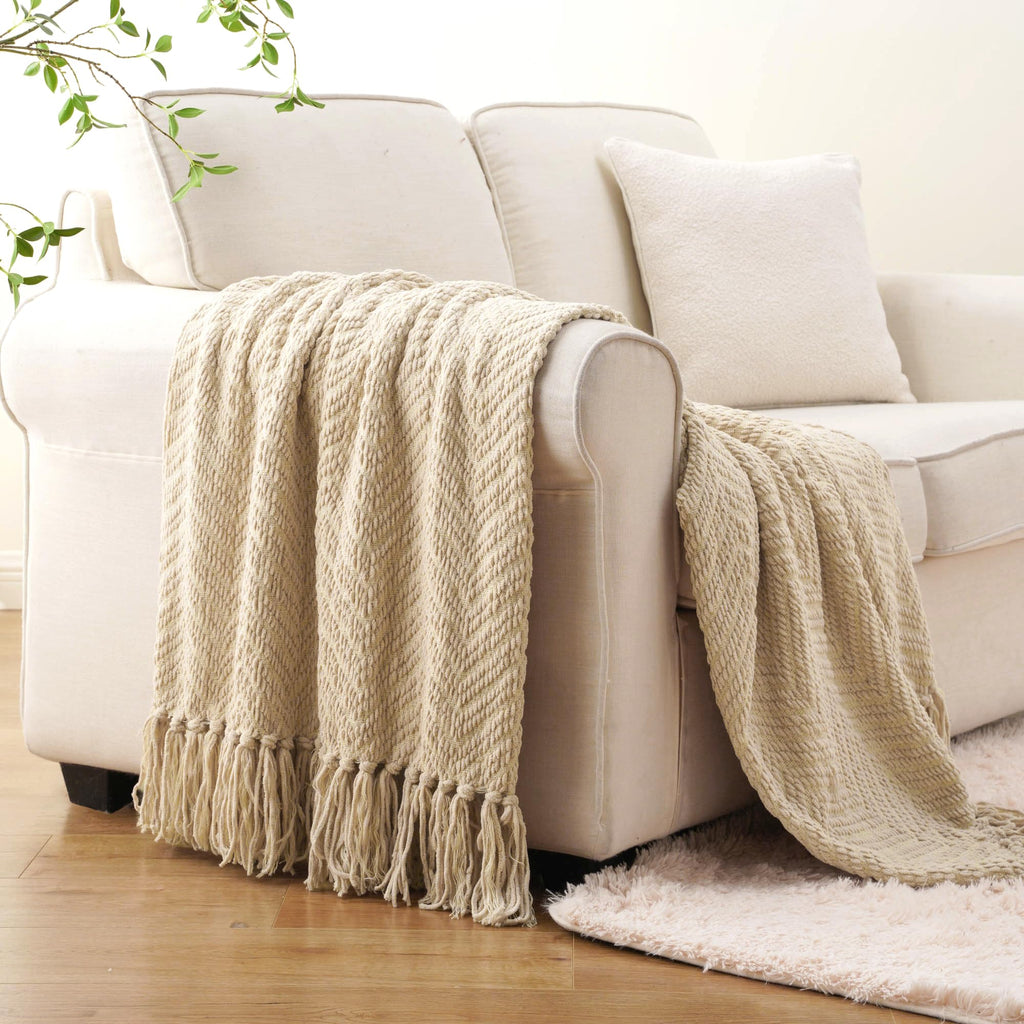 Beige Throw Blanket for Couch, Knitted Beige Throw for Bed, Neutral Throw Blankets Tan Throw Blanket for Room Decor