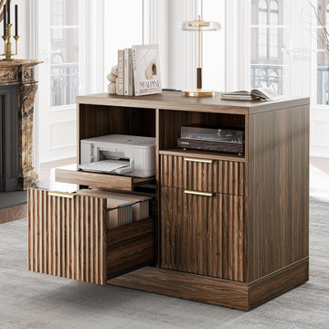 3 Drawer File Cabinet, Fluted Wood Lateral Filing Cabinet with Charging Station , Fits for A4/Letter-Sized Files