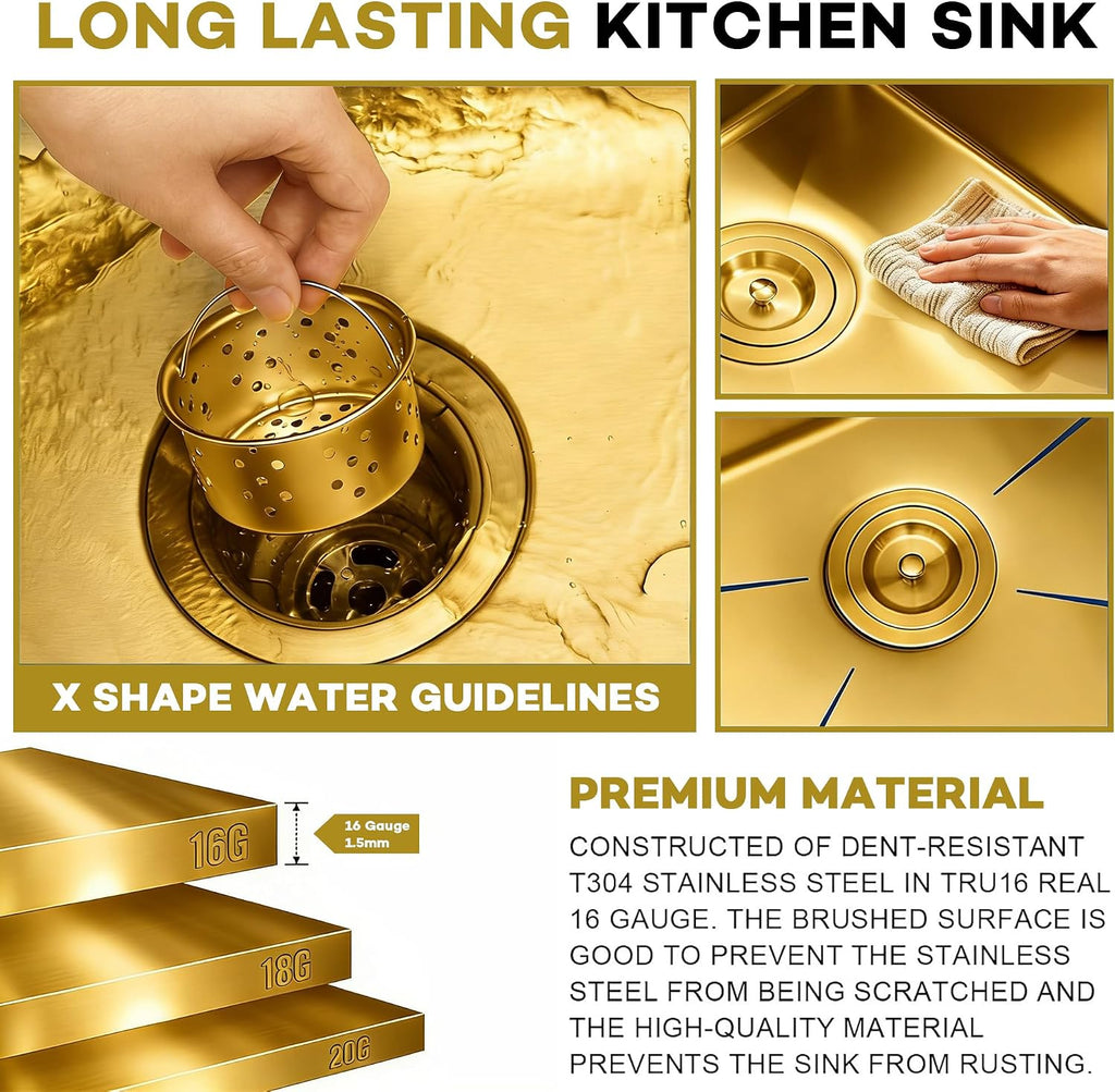 32 Inch Gold Undermount Kitchen Sink,16 Gauge 304 Stainless Steel Kitchen Sink Single Bowl, 32"x19"x10" Undermount