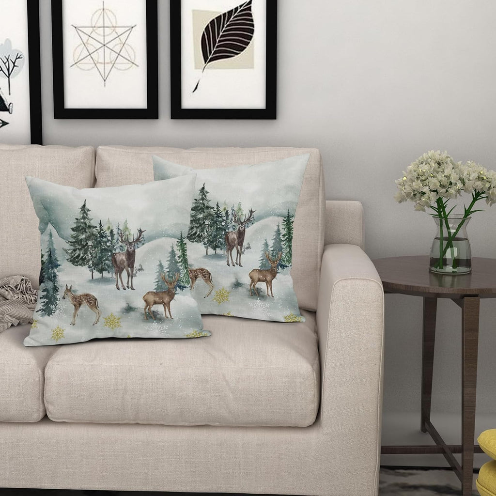 Christmas Pillow Covers 18X18 Inch Winter Watercolor Deer Trees Snowflakes Decorative Square Pillow Cases - Set of 2