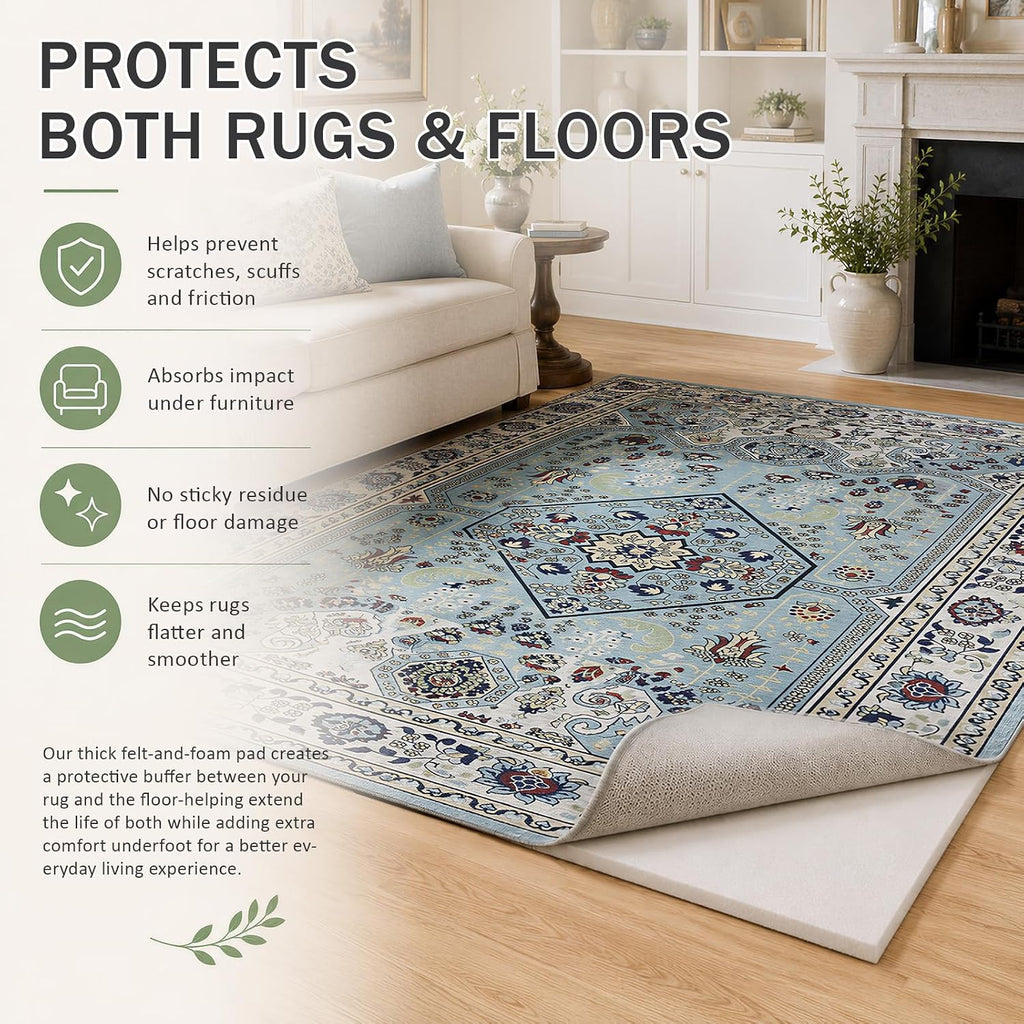 Non Slip Cushioned Rug Pads Rug Carpet Padding 9x12 Ft, 1/4 inch Thick Comfort Memory Foam Rug Pad for Under Area