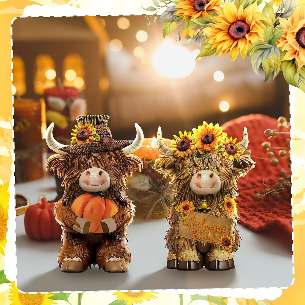 Fall Highland Cow Figurines Decor, Resin Fall Table Decor - Set of 2