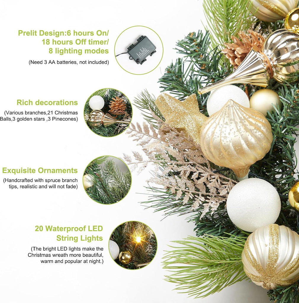 24-Inch Pre-Lit Christmas Wreath with 20 Battery-Operated LED Lights - Artificial Magnolia, Poinsettia & Gold White