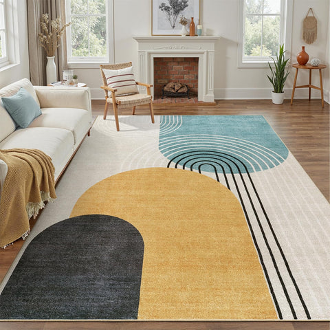 DCX Abstract Machine Washable 5x7 Rug, Mid Century Modern Rug for Living Room, Soft Low Pile Non Slip Carpet