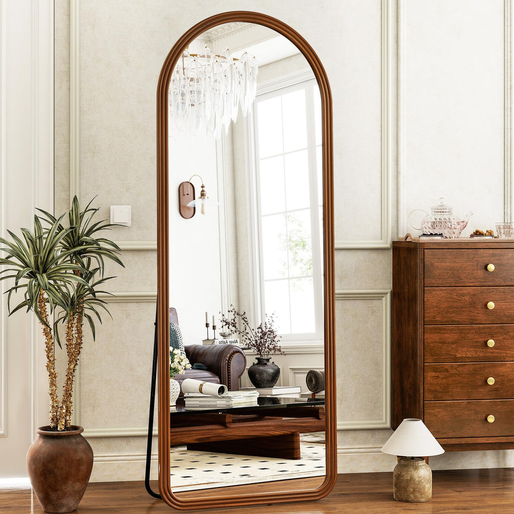 24x65 Inch Wood Arched Full Length Floor Mirror, Red Walnut