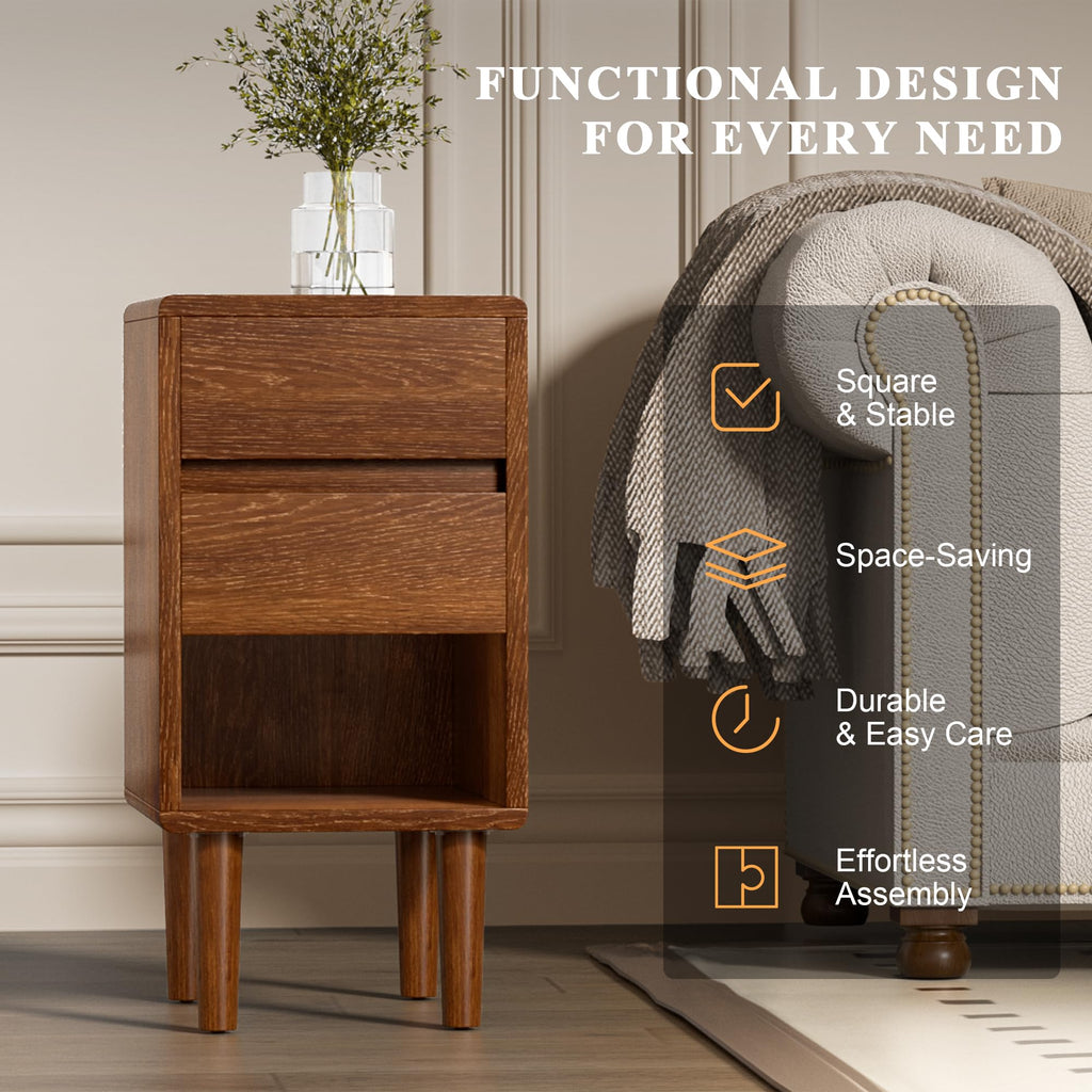 Narrow Nightstand 2 Drawers with Open Shelf Narrow Night Stand Solid Wood Bedside Table Mid Century Modern Nightstand