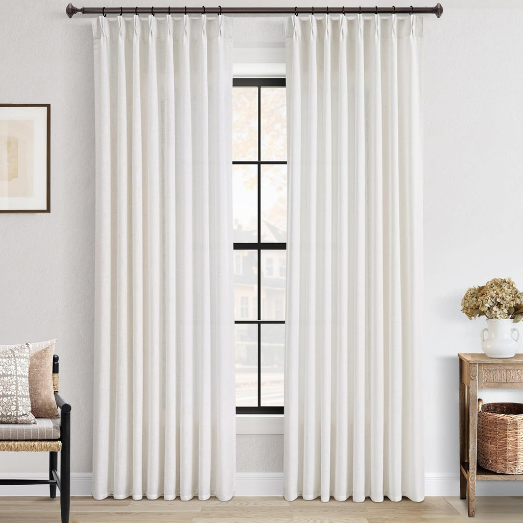 Memory Trained Pinch Pleated Linen Curtains with Hooks Living Room Semi Sheer Light Filtering Curtains 84 inch Long