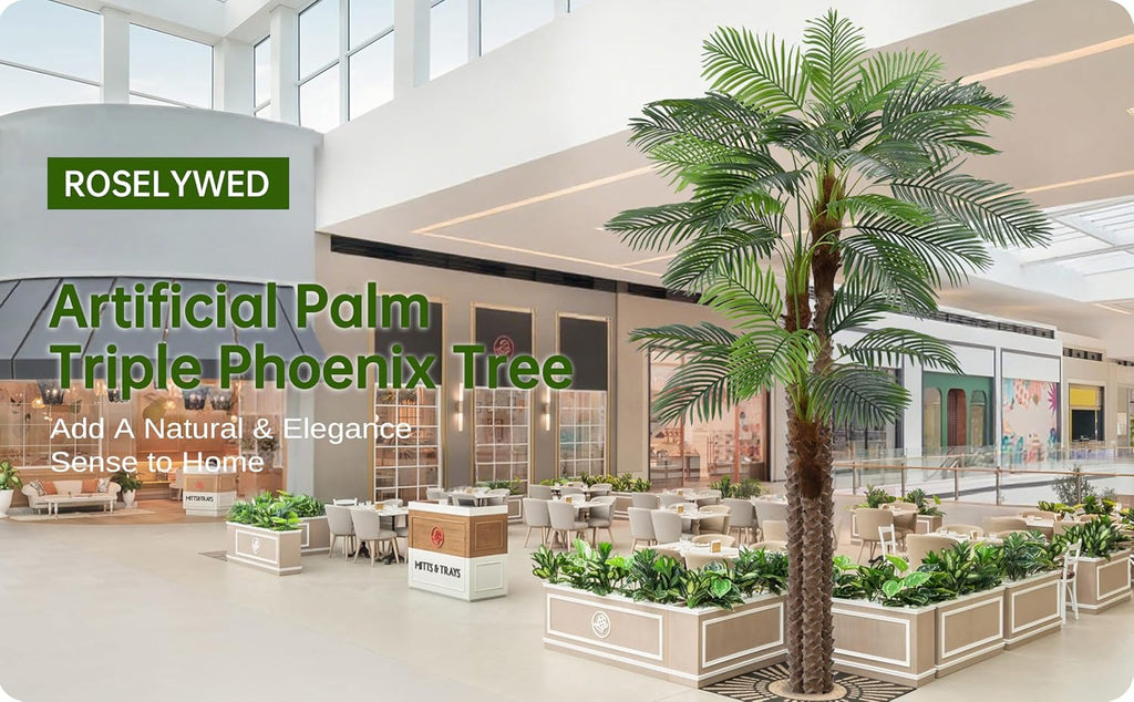 Artificial Triple Phoenix Palm Tree 9FT with 31 Leaves & Real Bark Tropical Coconut Areca Sago Palm Tall Large Faux