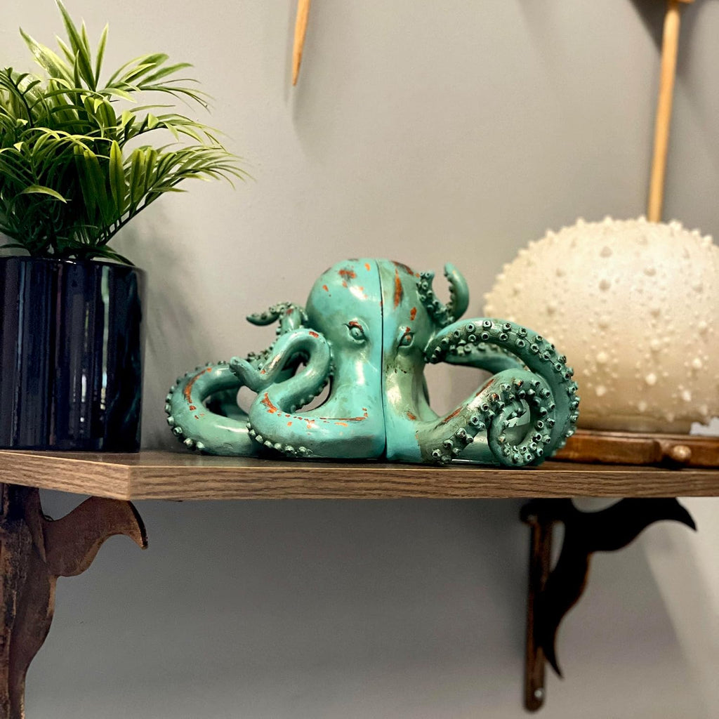 Set of 2 Octopus Decorative Bookends, 10 Inch Aqua Resin | Lifelike Tentacle Sculpting, Felt Pad Feet Help Protect