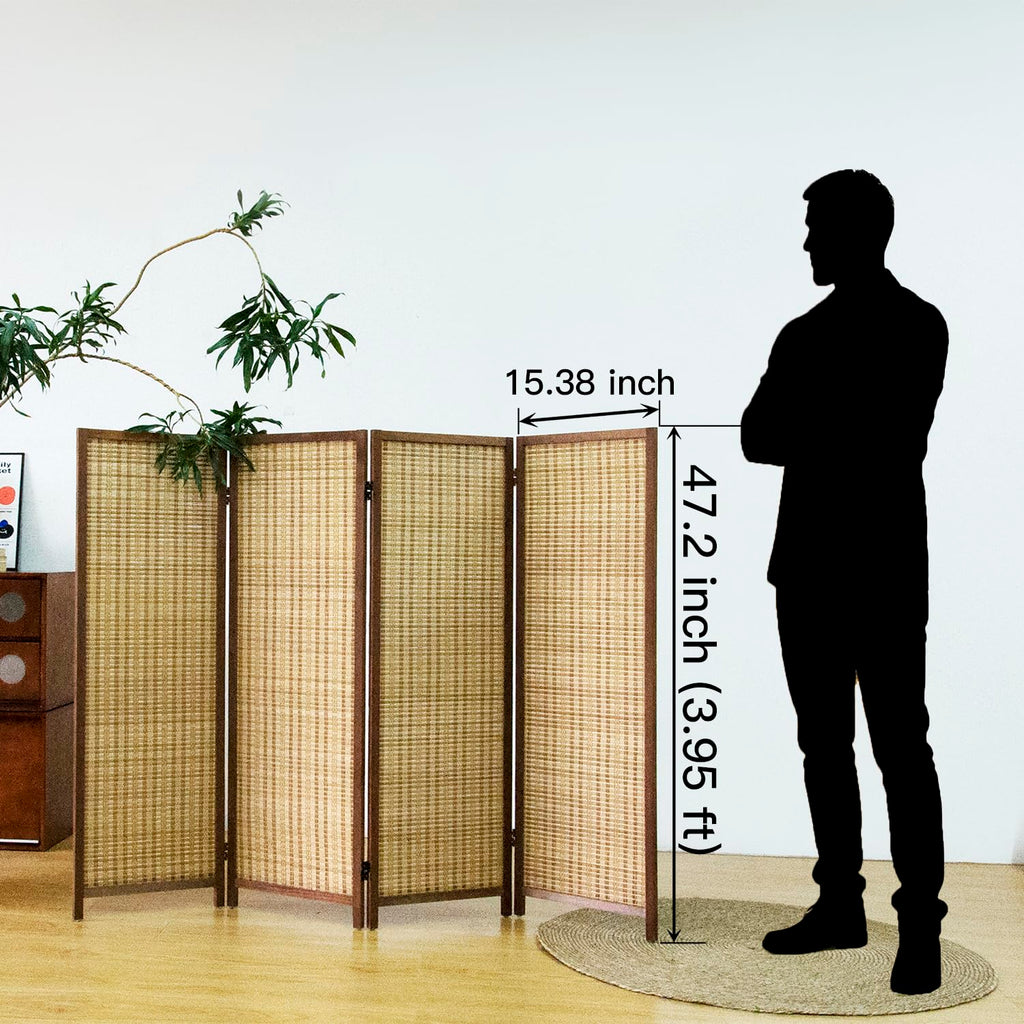 4 Panel Short Panel Divider Screen, 3.95 FT Tall Bamboo Room Divider Folding Privacy Screen, Short Panel Divider