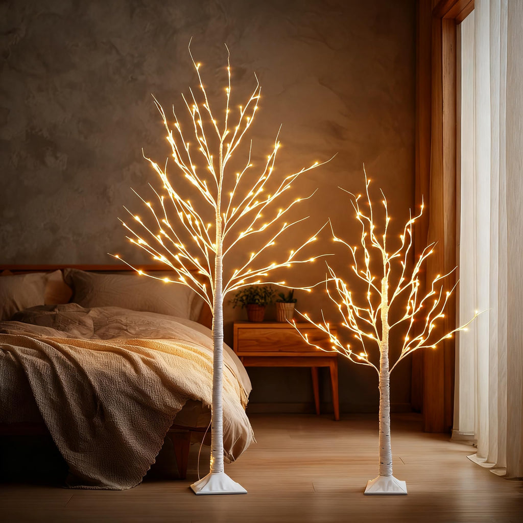 Set of 3 Lighted Birch Tree, 4FT 6FT 8FT White Artificial Christmas Tree with Total 456 LED Light, Prelit Waterproof
