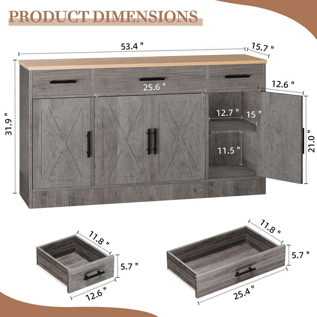 53.4" Buffet Cabinet, Kitchen Storage Sideboard, Gray