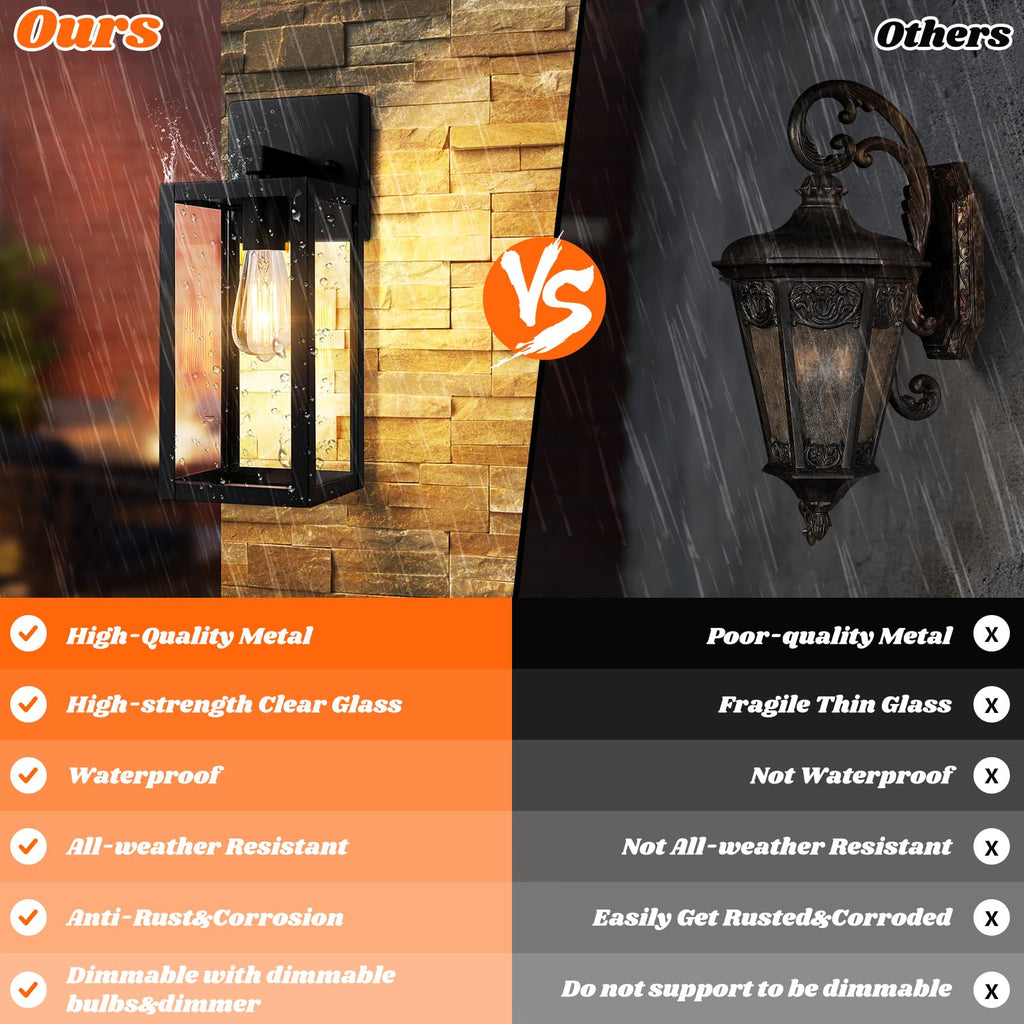 2-Pack Outdoor Wall Lantern, Exterior Waterproof Wall Sconce Light Fixtures, Black Outside Wall Lights with Clear