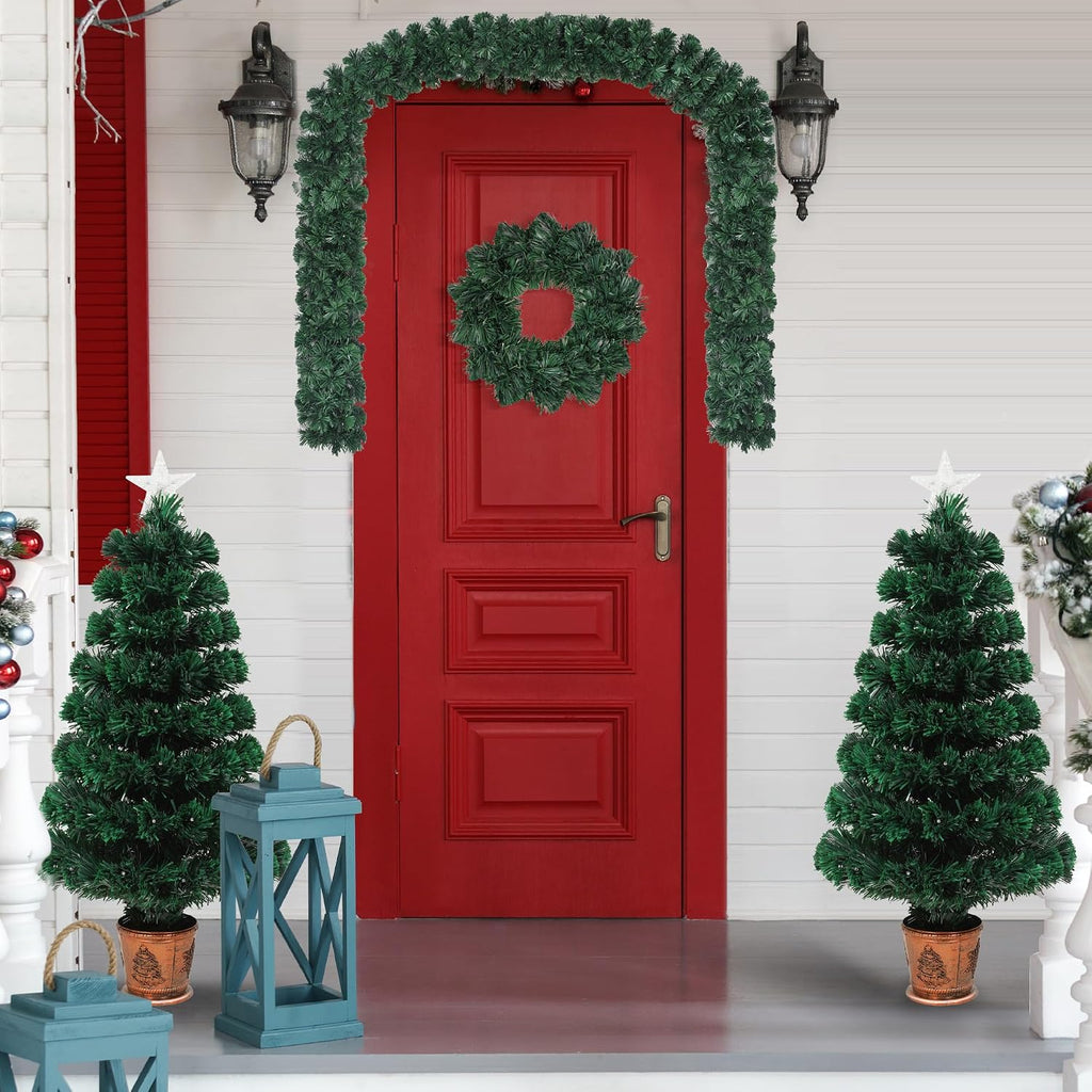 Pre-lit Artificial Christmas Tree 4-Piece Set,Optical Fiber Christmas Garland, Wreath and Set of 2 Pcs 3ft Entrance