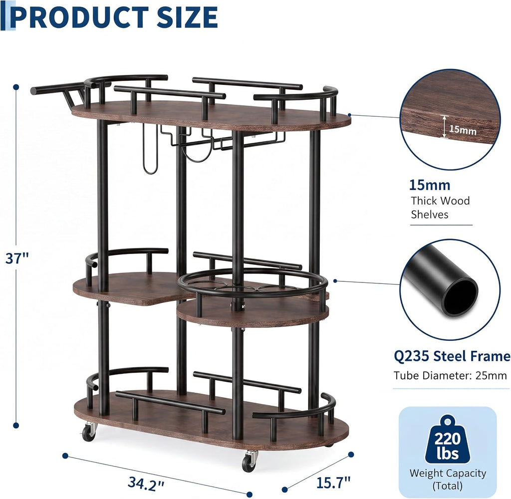 Mobile 3-Tier Serving Cart with Wine Rack and Glass Holder | Metal rolling cart with built-in wine & glass organizer