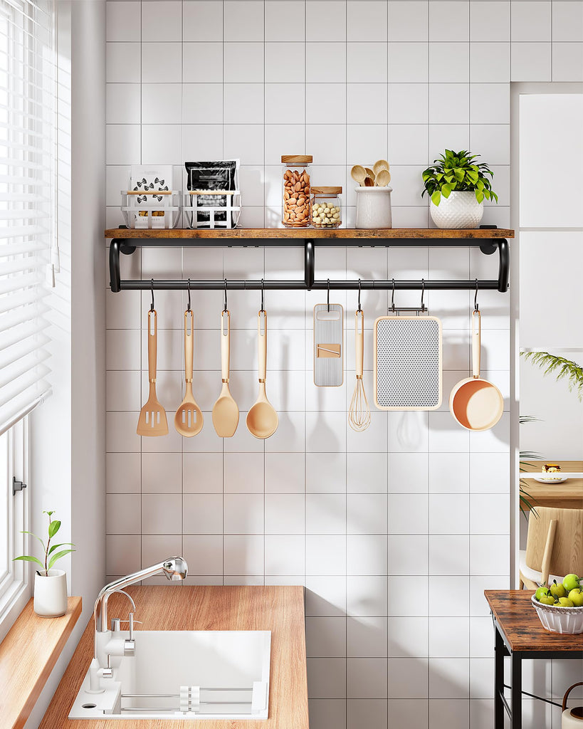 Wall Mounted Clothes Rack, Metal Garment Rack with Top Shelf, Laundry Storage Shelf with Hanging Rod, for Laundry