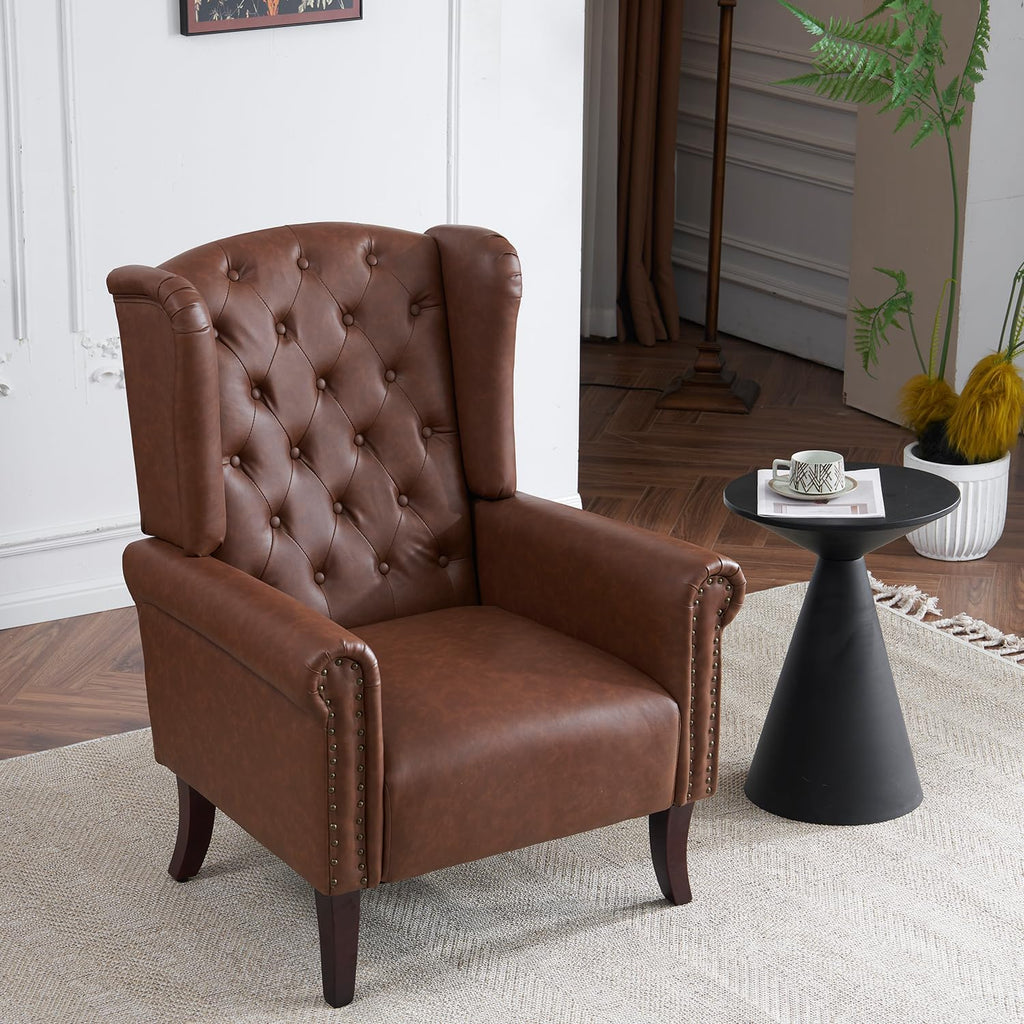 Mid-Century PU Leather Accent Chair, Living Room Lounge Sofa Chair with Buttons, Single Club Armchair with Rivet Trim