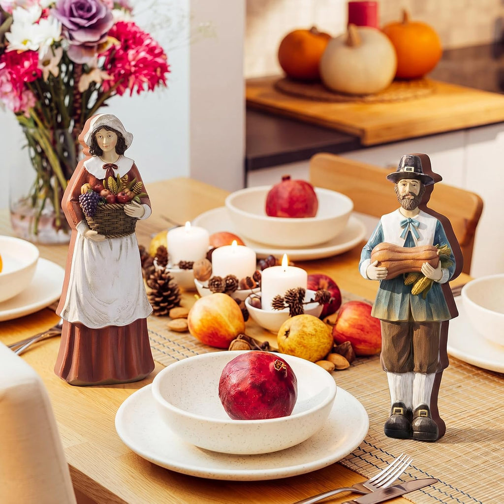 Thanksgiving Decoration Wooden Pilgrim Figurines Couple Statue - Set of 2