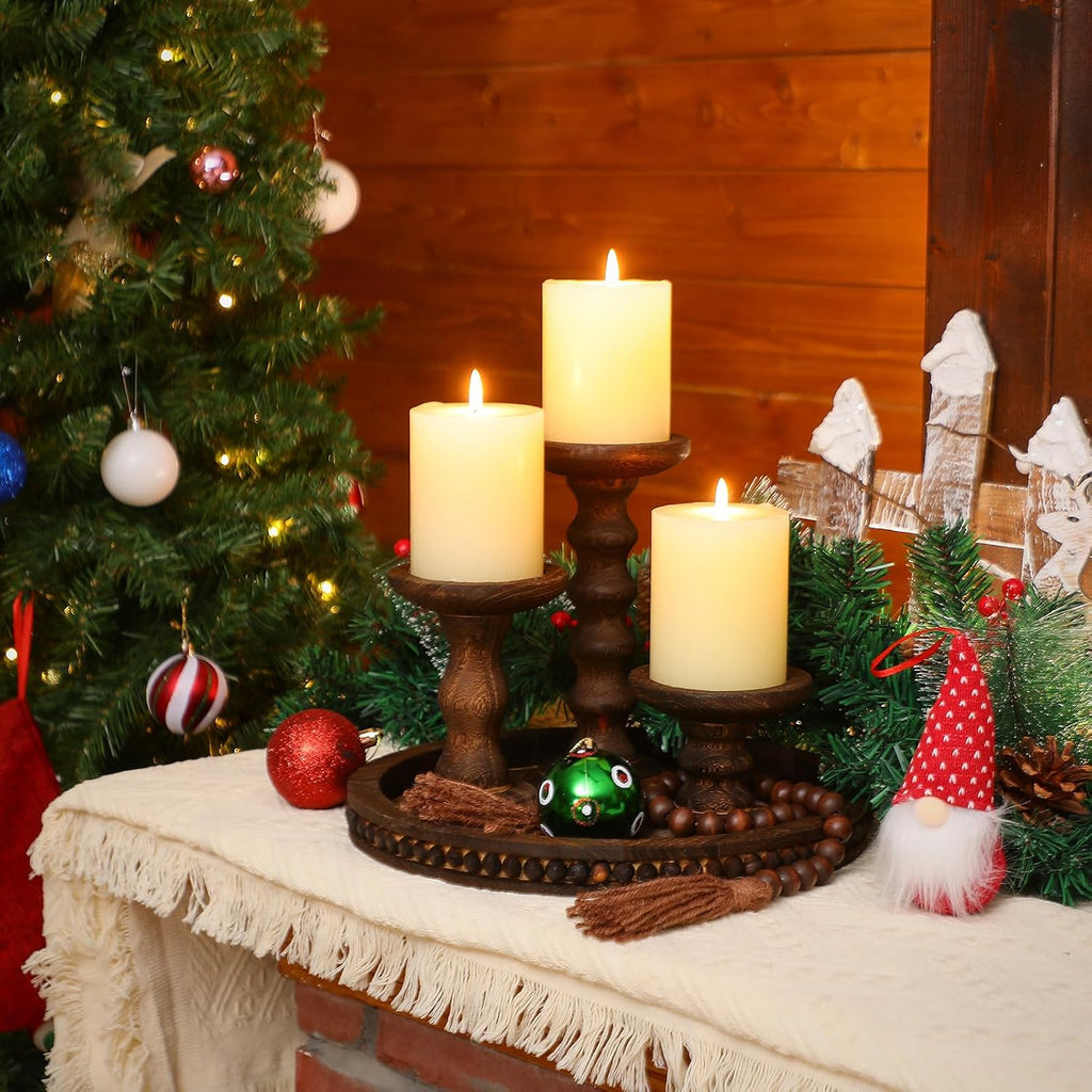 8 Pcs Farmhouse Wood Candle Holders with Pillar Candles Set Wooden Rustic Candle Holders Round Decorative Serving