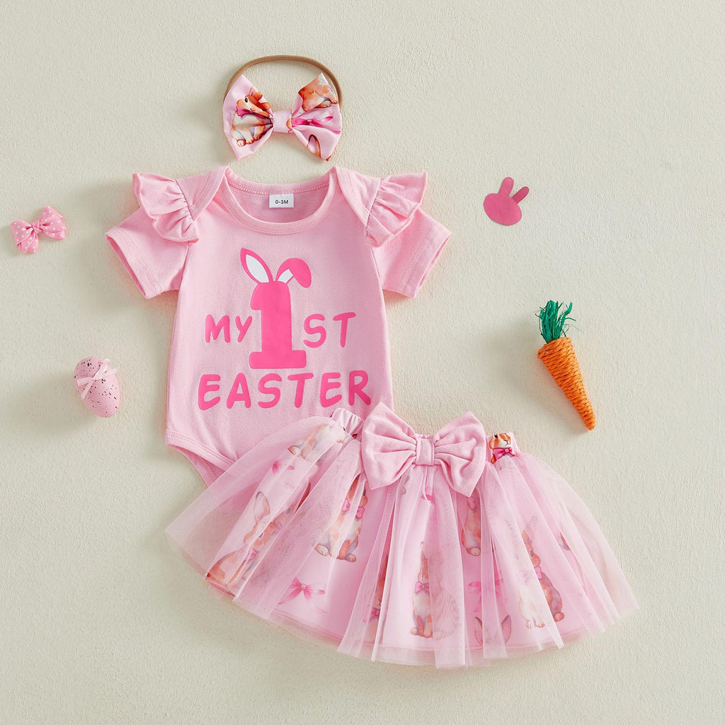 My First Easter Baby Girl Outfit Newborn 1st Letter Romper Bunny Tulle Tutu Skirt Girl Baby Dress (Pink