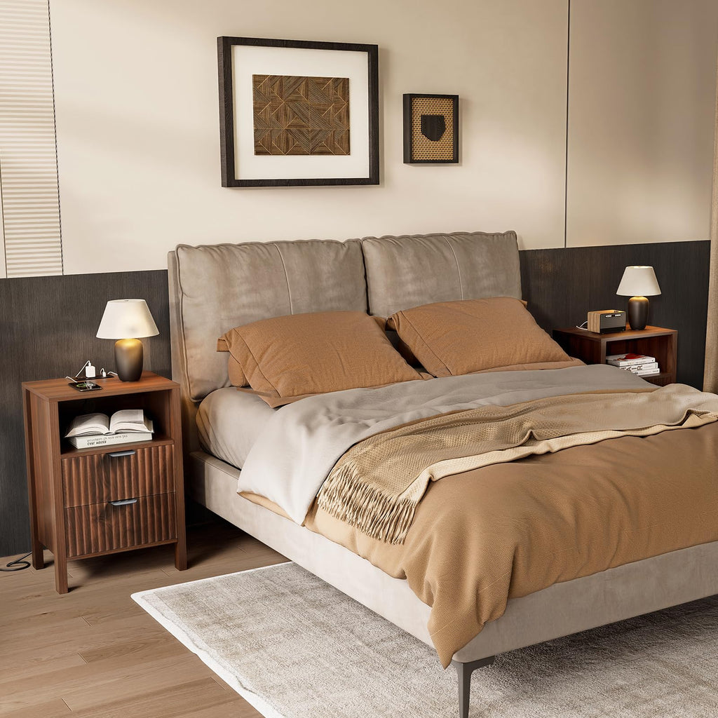 Night Stand Set 2, Fluted End Table Set of 2, Modern Nightstand with Charging Station, Wood Bedside Table with