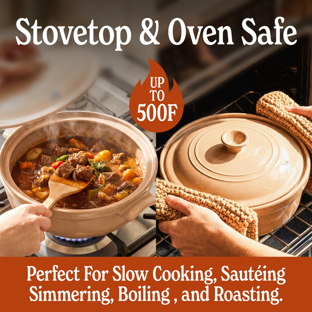 5 Quart Flami Pot with Lid, Natural Clay Pot for Cooking, Non-Toxic PFAS-Free Ceramic Casserole Dish for Oven &