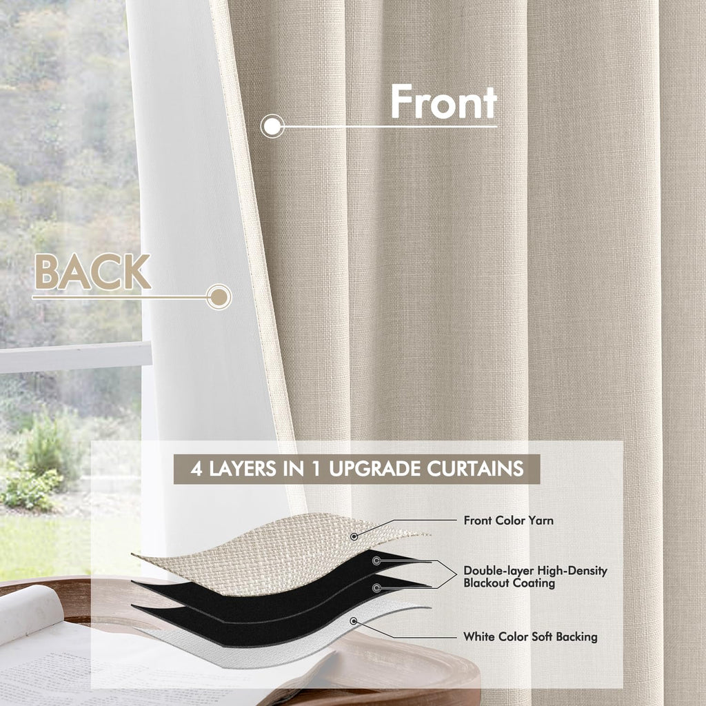 100% Blackout Back Tab Pleat Linen Curtains 50" Wx108 L, Birch