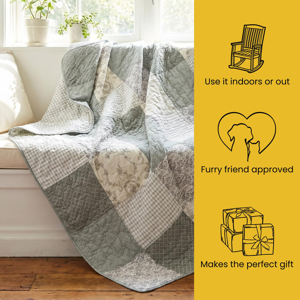 Cotton Quilted Throw Blanket, 50"x60" Sage Green, Memory Lane
