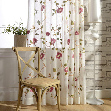 Sheer Curtains 96 Inches Long, Red Floral Embroidered Semi Sheer Rod Pocket Curtains , W52 X L96, 2 Pieces