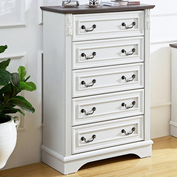 Antique White Dresser, 5 Drawers Dresser, Farmhouse Dresser, Wooden 5 Chest of Drawers with Thickened Wood Carving
