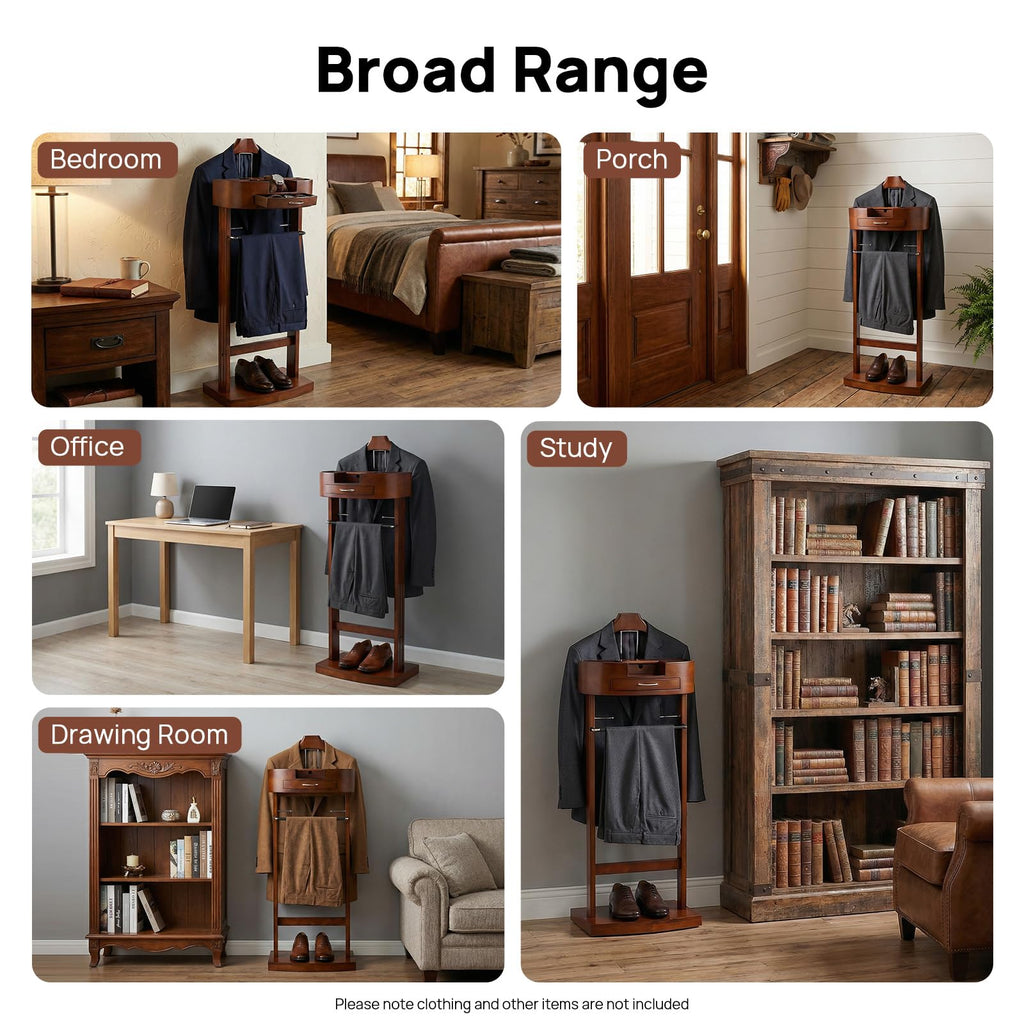 Suit Valet Stand for Men, Wood Suit Rack with Multi-Compartment Tray, Drawer, Wide Base and Two Tie Holders