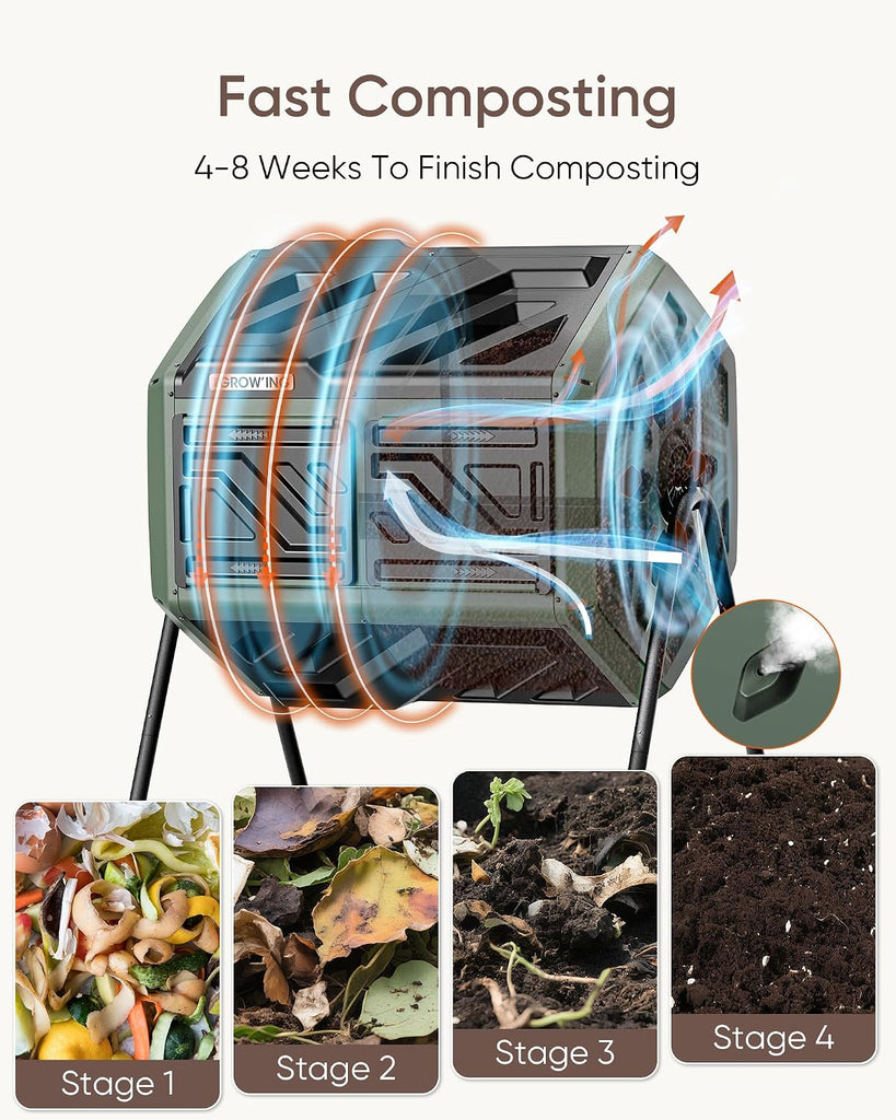 THE Growing 43 Gal Outdoor Compost Bin Tumbler for Backyard Garden, Green | Twin 21.5gal chambers match garden lawns.