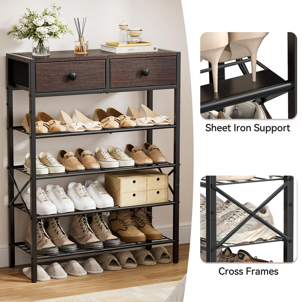 5 Tier Shoe Rack with 2 Drawers, 16-20 Pairs Dark Brown