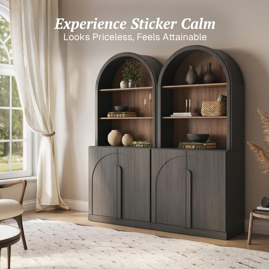 Arched Bookshelf with Storage Set of 2, 71" Tall Wood Curio Display Cabinet with Adjustable Shelf, 5 Tier Modern