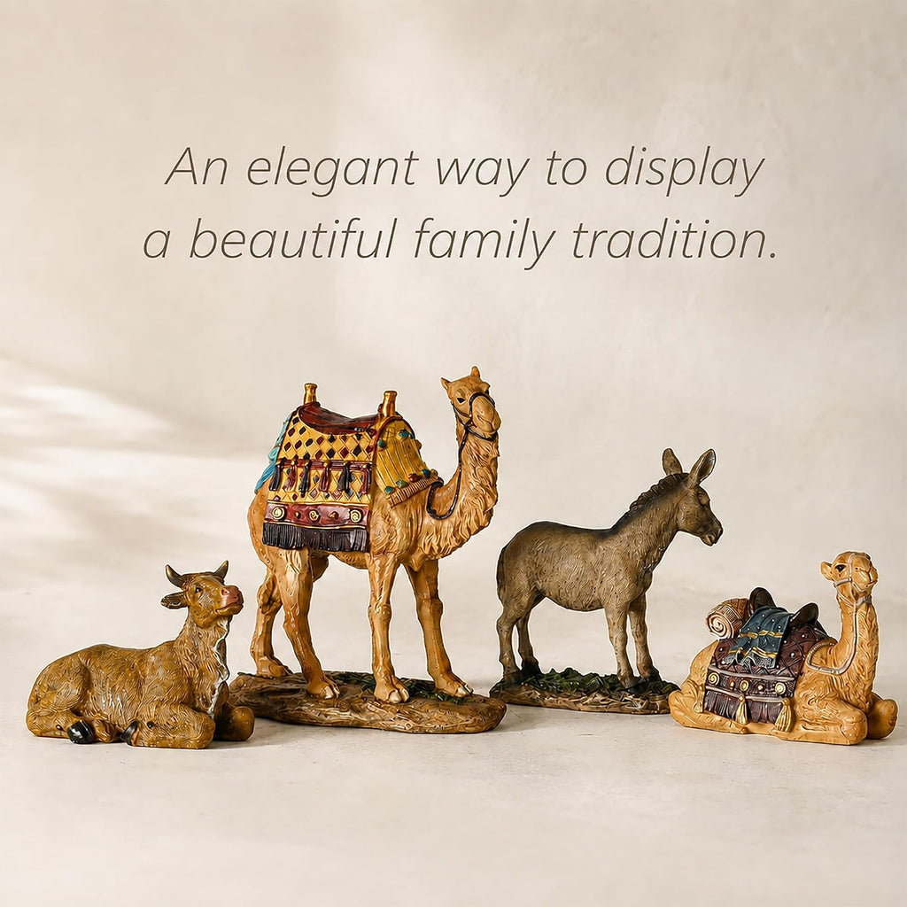 Kings Gifts Nativity Animals Set, 4-Piece Polystone Standing and Sitting Camels, Donkey, and Ox Figures, Flat Bottom