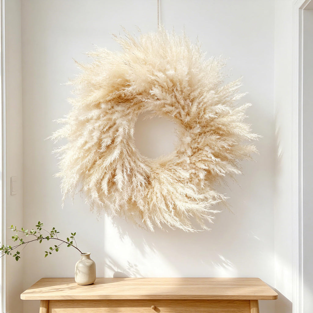 23'' Natural Pampas Grass Wreath for Indoor Decor, Handmade Dried Boho Wreath for Front Door or Wall, Rustic