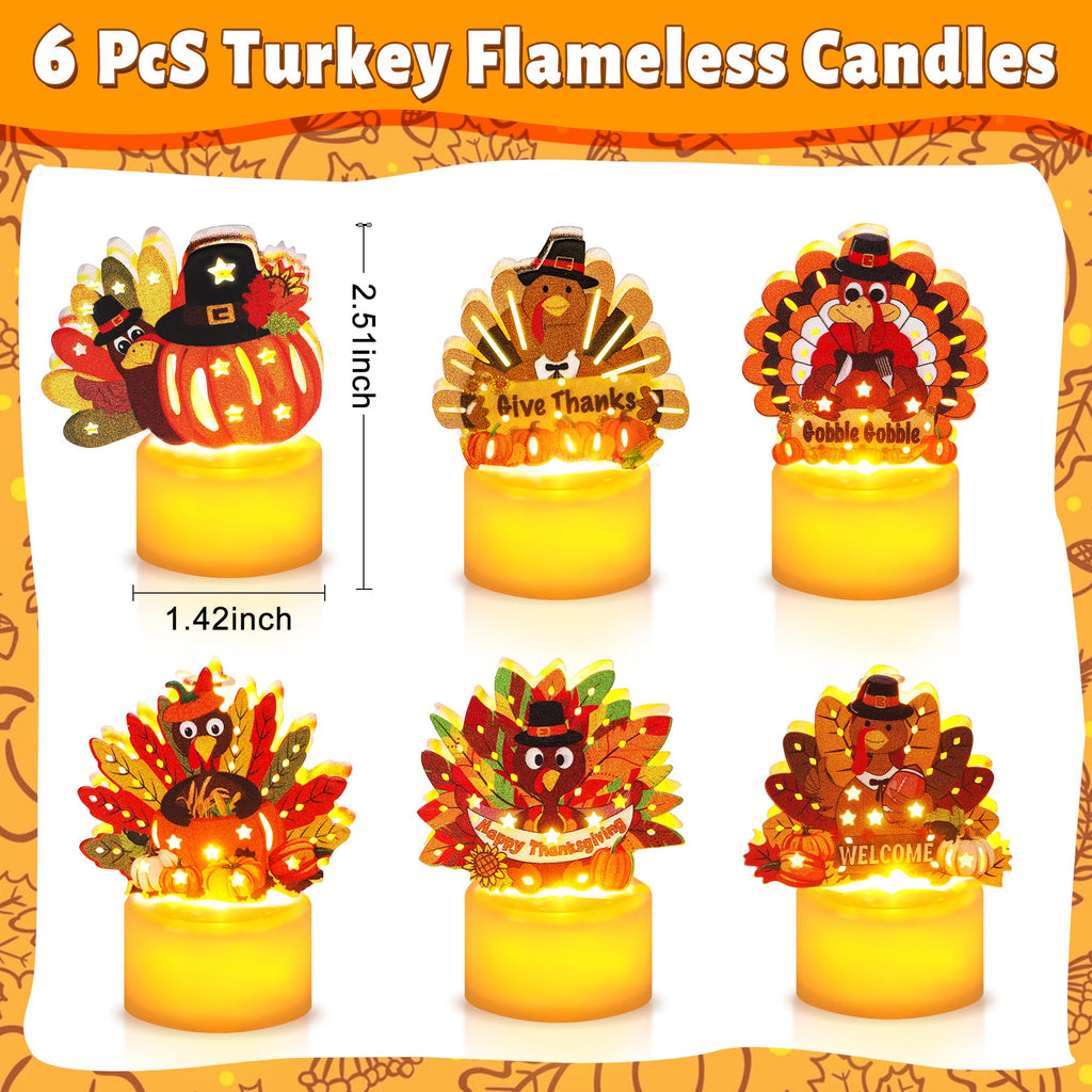 Thanksgiving Table Decorations 6 Pack Turkey Flameless LED Candles Battery Operated Turkey Tea Lights for Mantle