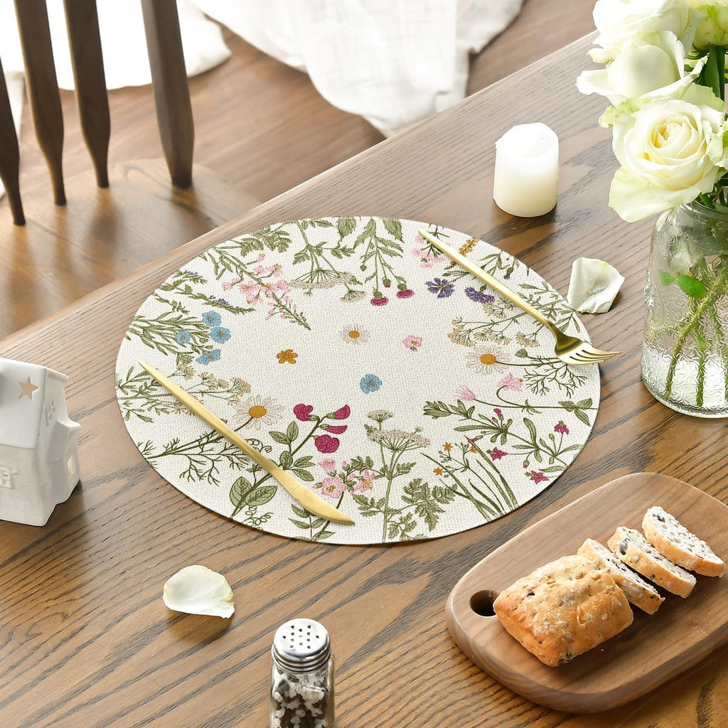 Antique Herbs Wild Flowers Spring Round Placemats, 14 Inch Summer Round Table Mats for Dining Decoration - Set of 6