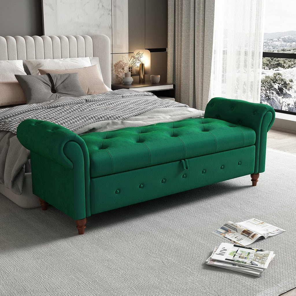 63'' Storage Ottoman Bench Tufted Entryway Bench Dark Green Velvet | Button Tufted End of Bed, Rolled Armed Ottoman