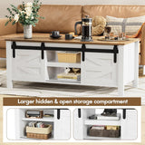 Farmhouse Coffee Table with Storage & Sliding Barn Doors, Modern Rustic Living Room Table with Adjustable Shelves