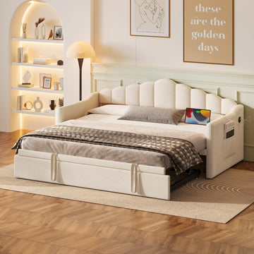 Twin Daybed with Pop Up Trundle, Extendable Twin to King Day Bed with USB Ports, Velvet Tufted Sofa Bed Frame with